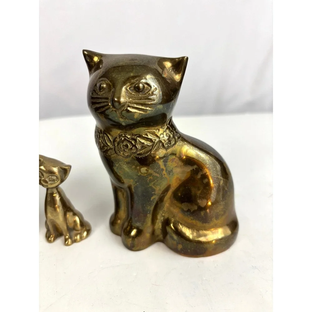 Vintage‎ Brass Cat Figurine Set Mid Century Style Kitty Family Decor Lot of 3
